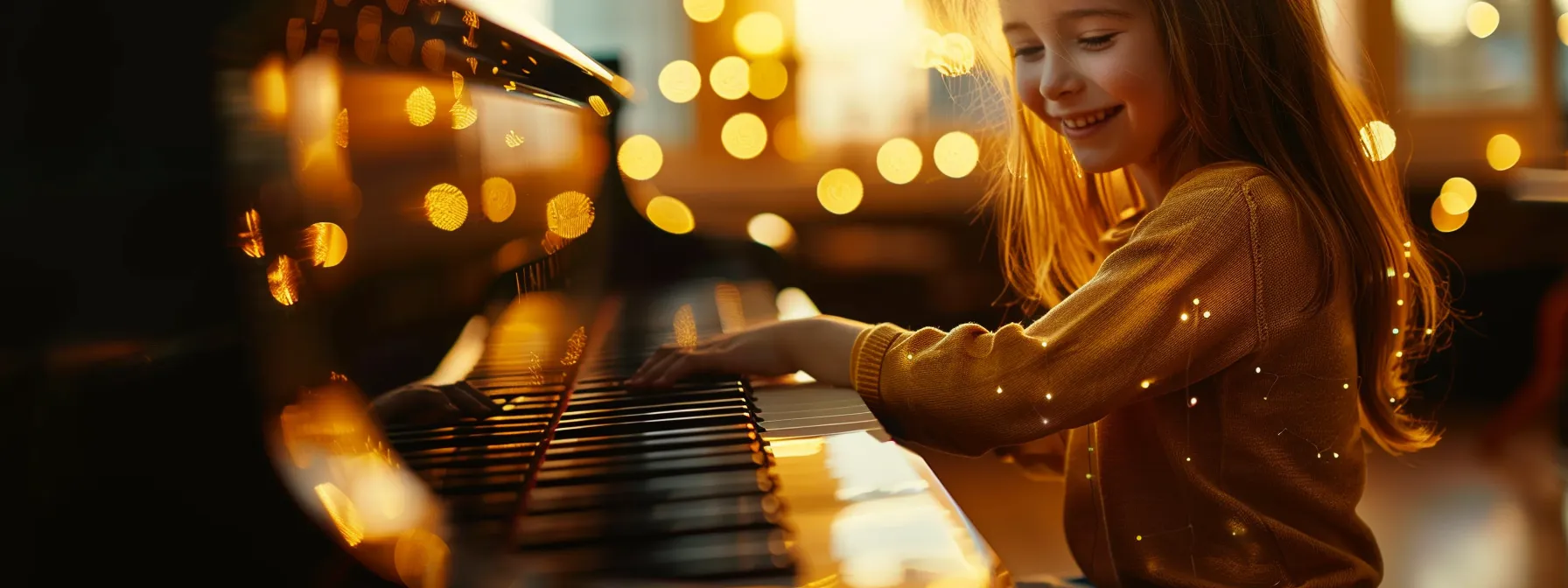 a young child sitting at a grand piano, smiling brightly while learning from a passionate and engaging piano teacher.