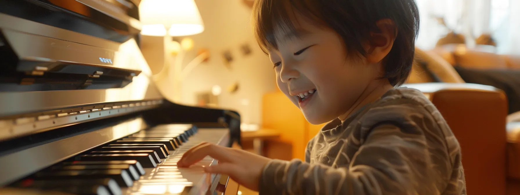a child happily playing a piano app, smiling as they hit the notes with a sense of enjoyment and engagement.