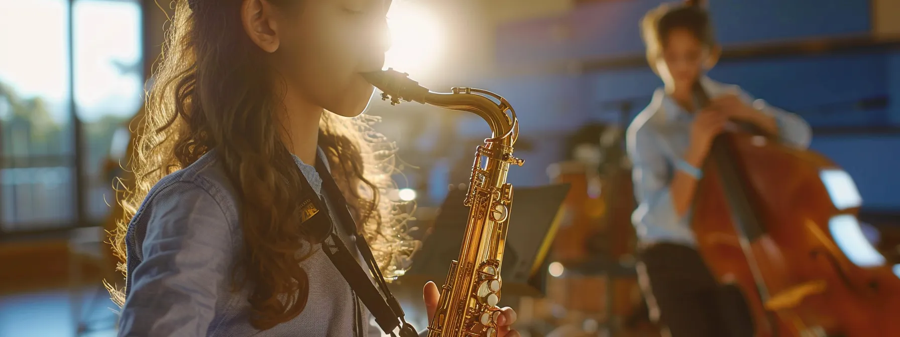 a student playing the saxophone and ukulele side by side, receiving personalized music education.