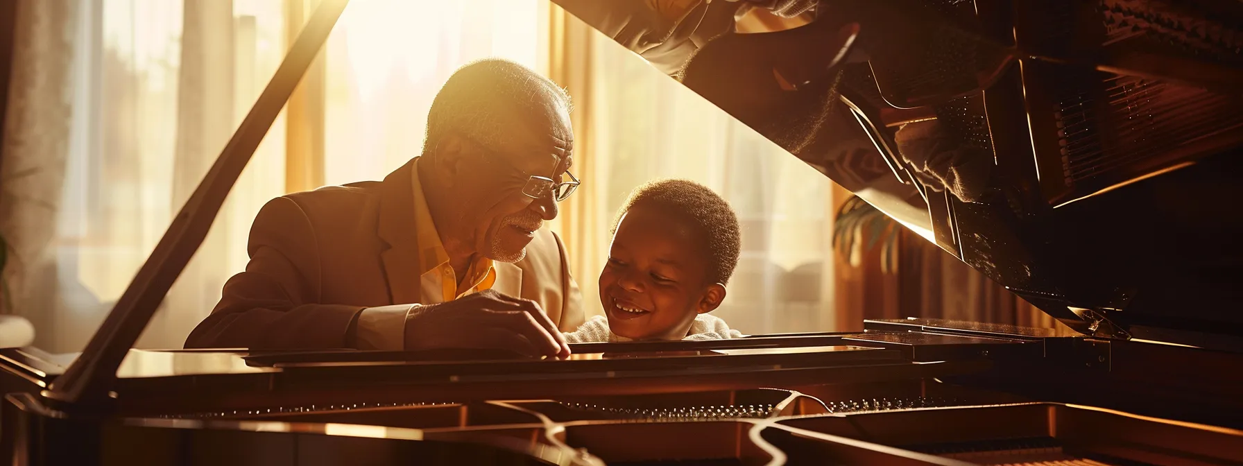 a piano teacher sitting at a grand piano, demonstrating a musical concept to a student with a look of concentration and joy on their faces.