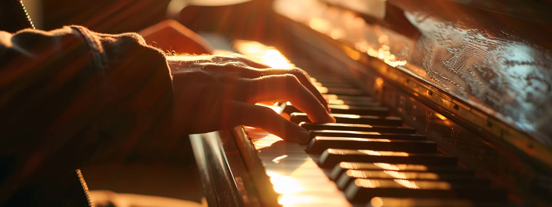 a person seated at a piano, carefully studying the keys and notes.