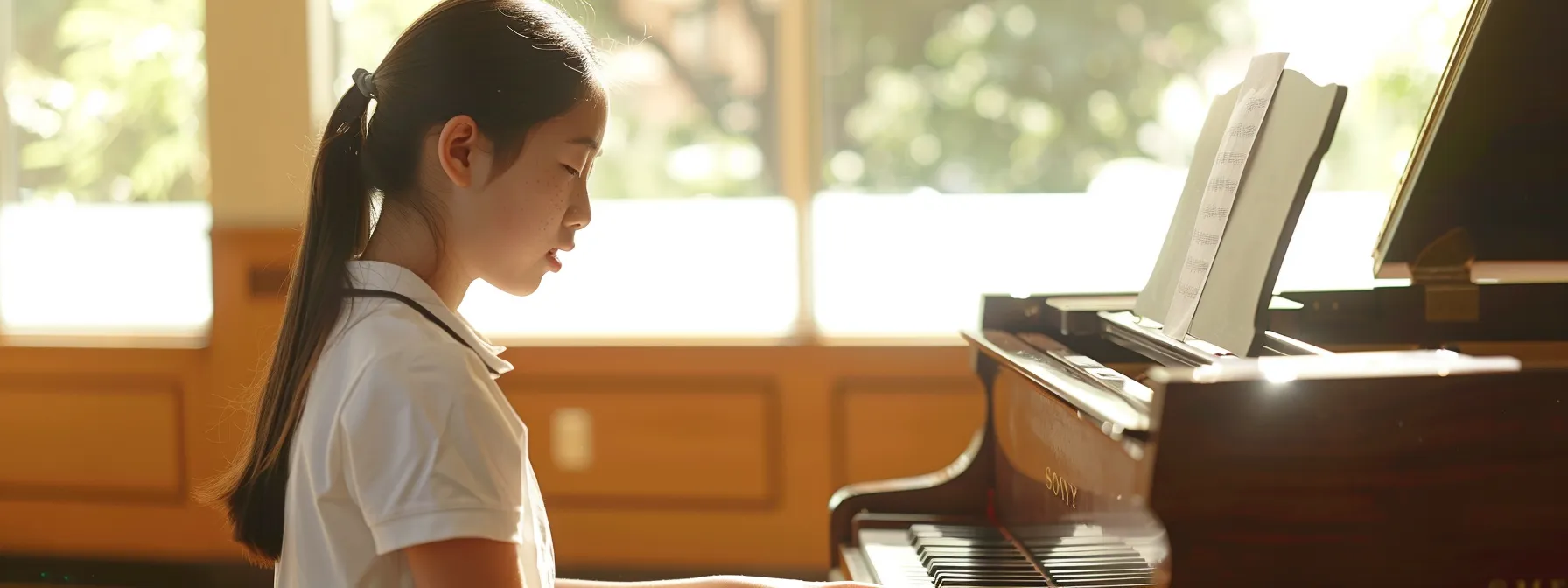 a student performing on a high-quality piano at peregrine's pianos.