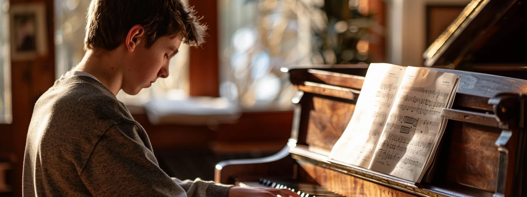 a piano student carefully studying sheet music in a elegant music studio in west london.
