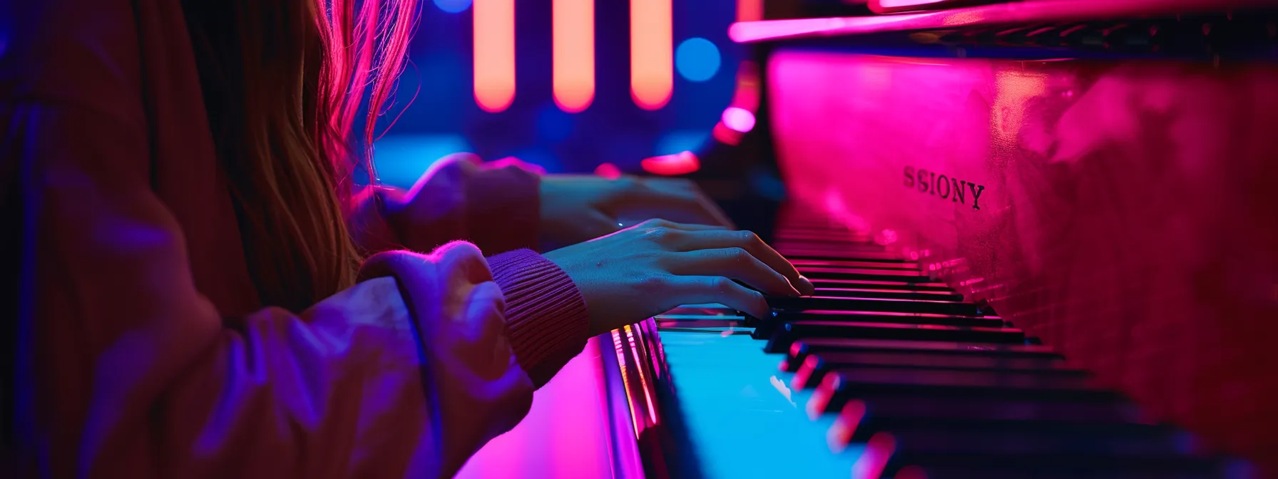 a student playing a vibrant pop music piece on a hanna & sons piano with rich, full sounds.
