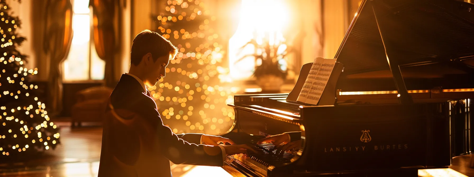a pianist playing a blüthner piano with focused intensity in a beautifully lit room.