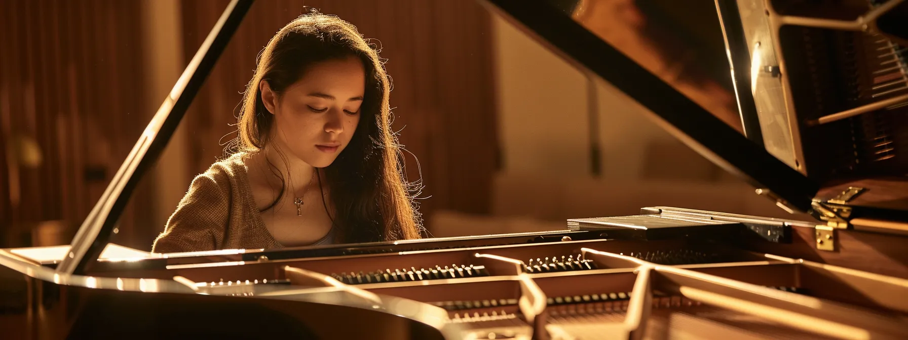 a student playing a grand piano with a look of deep concentration and emotion.
