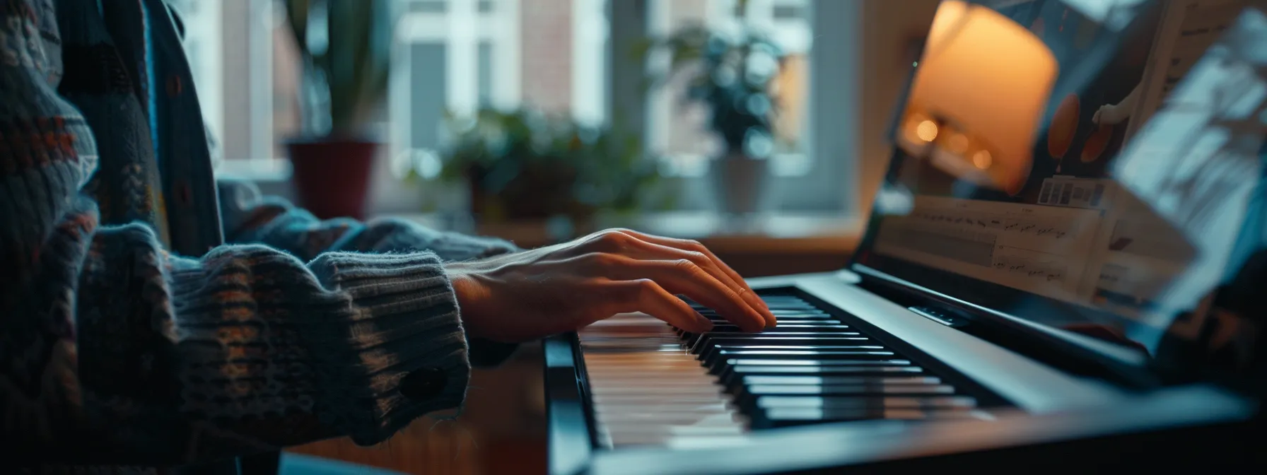 a person browsing different online piano lesson websites on a laptop.
