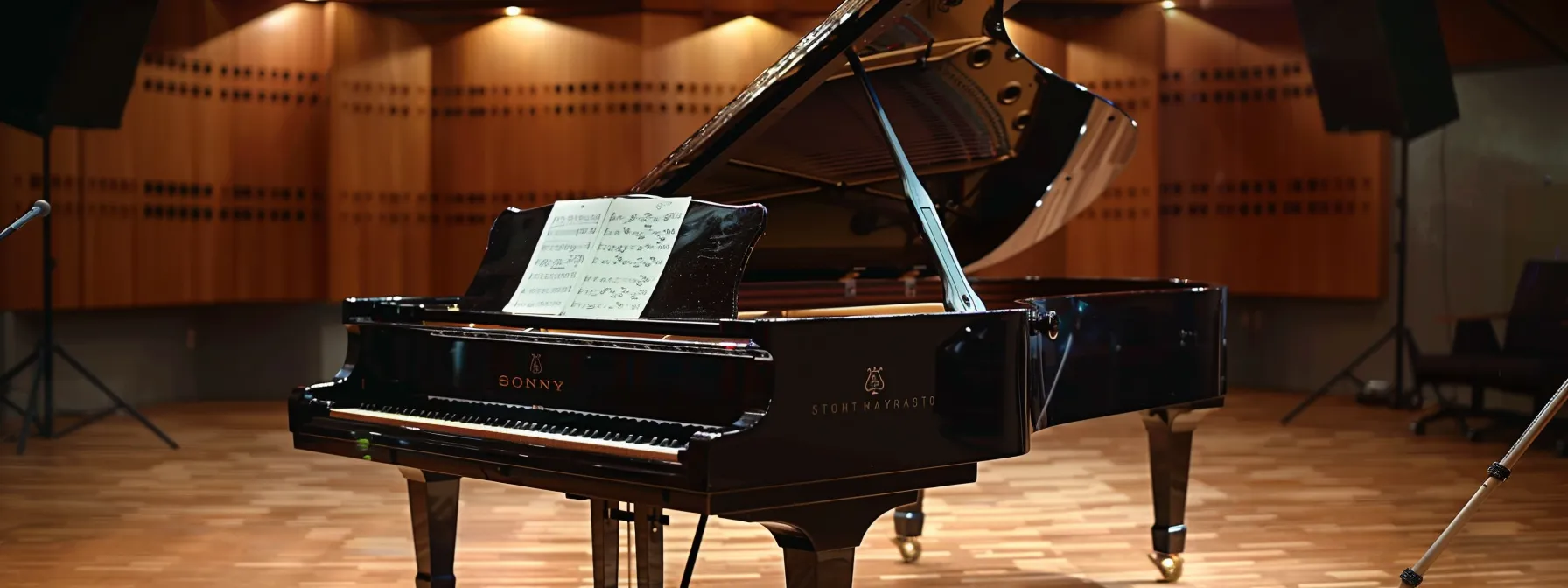 a grand piano in a spacious studio at schott music, surrounded by music sheets and recording equipment.