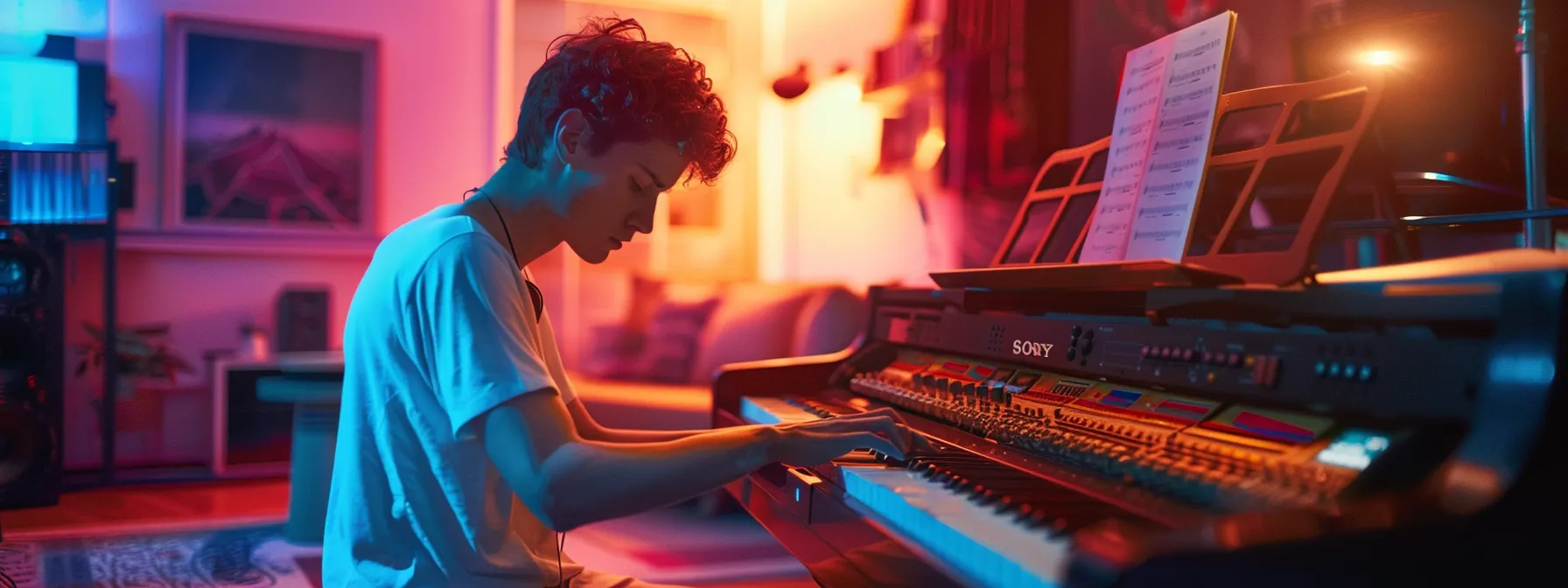 a modern artist playing a digital piano in a vibrant music studio.