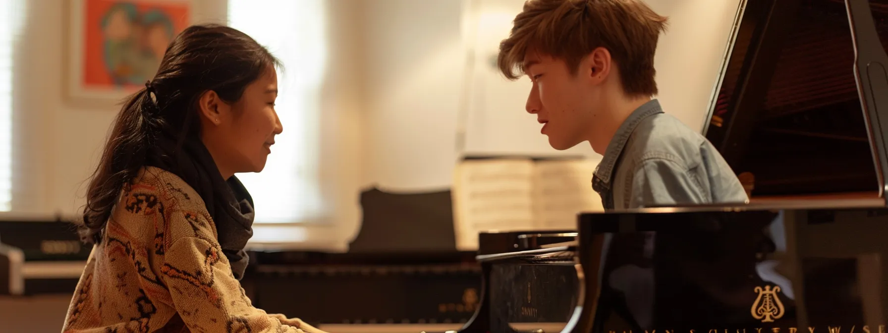 a student and a piano tutor engaging in a passionate musical conversation at wkmt in west london.