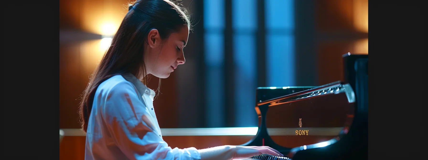 a musician confidently performing on stage at a music recital hosted by wkmt.