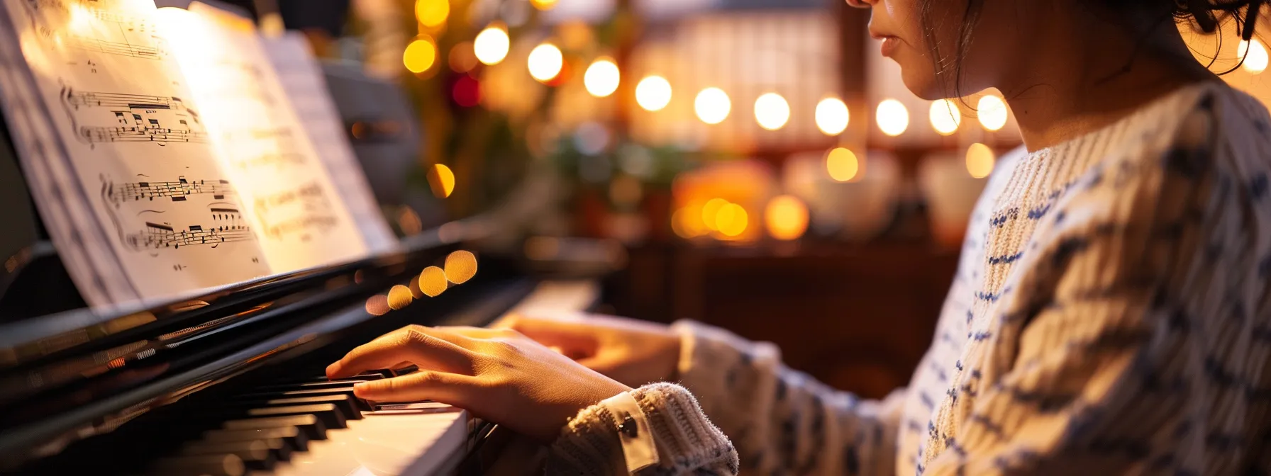 a focused pianist setting clear and measurable goals on sheet music with a determined expression.