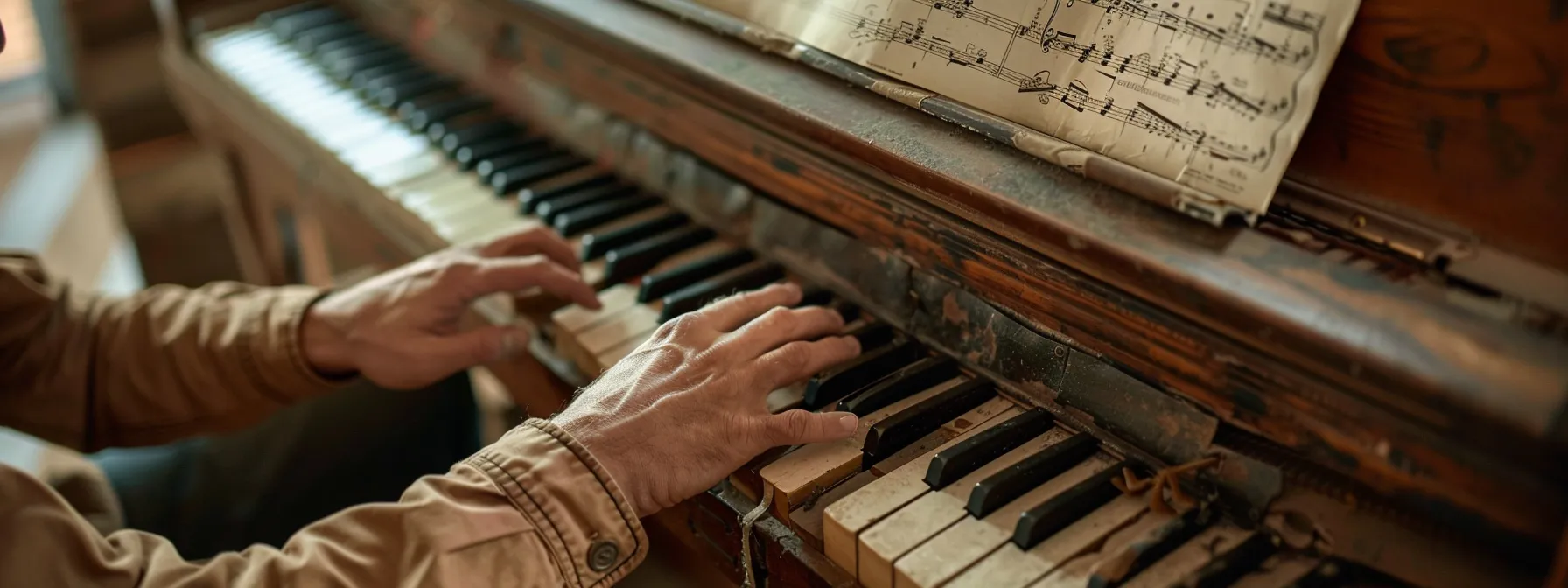 a musician's hands confidently playing a rich, soulful country melody on a rustic piano, surrounded by sheet music and a cowboy hat.