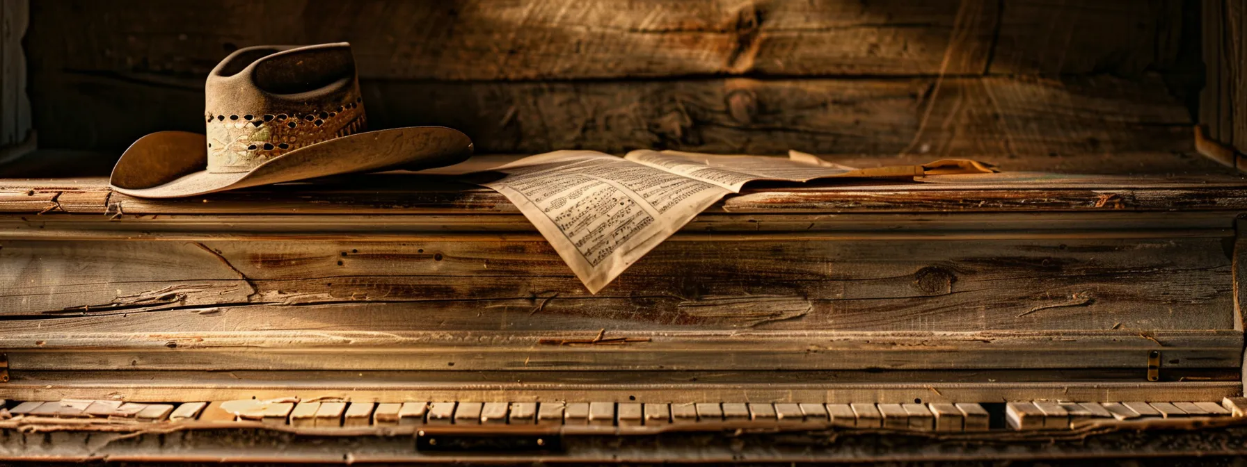 a rustic wooden piano illuminated by soft light, surrounded by sheet music and a worn cowboy hat, capturing the essence of country music beginnings.