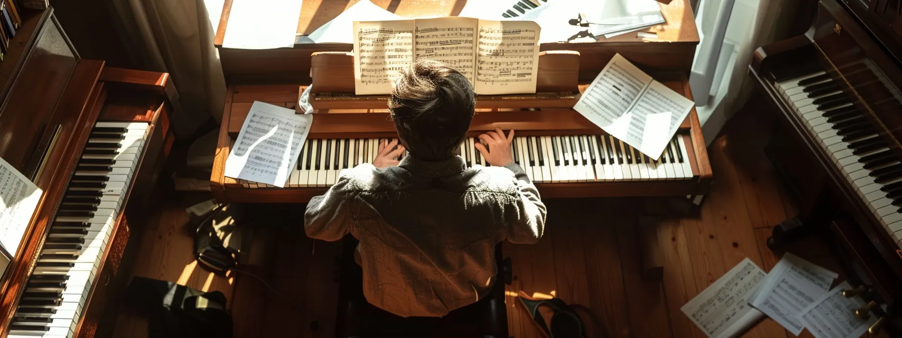 a person sitting at a piano, surrounded by music sheets and a metronome, with a determined expression on their face.