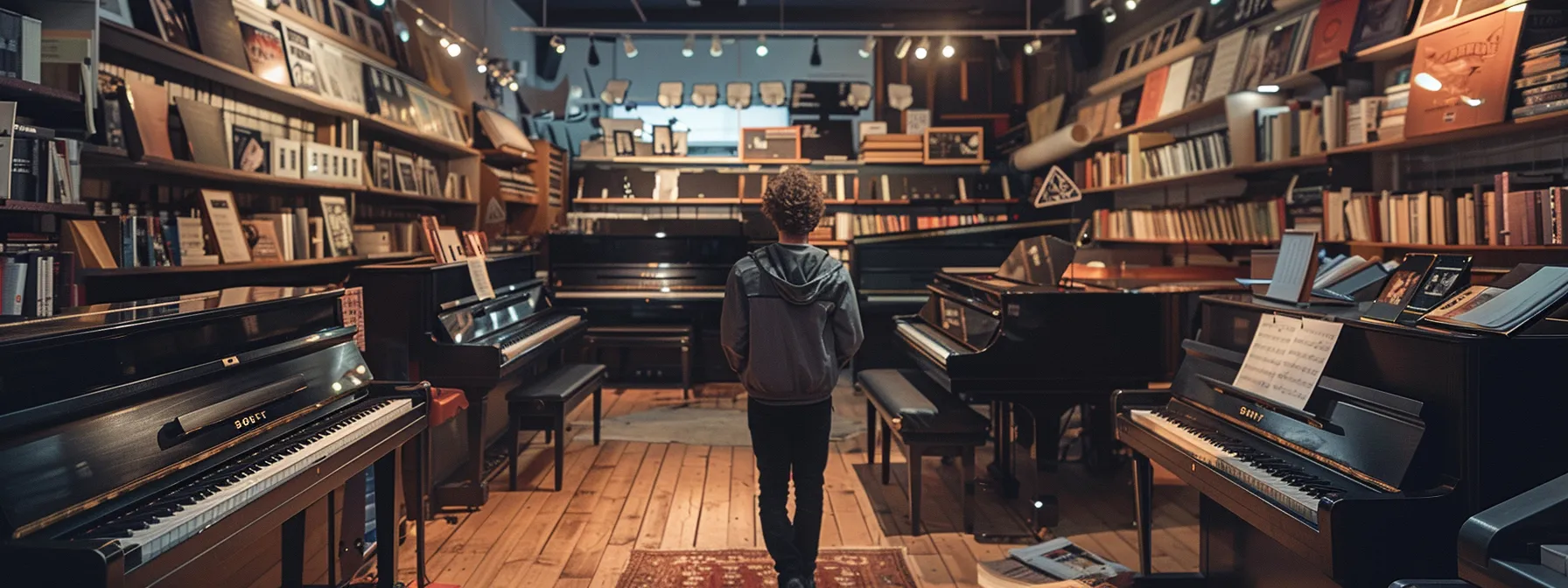 a person stands in a music store, surrounded by acoustic and digital pianos, with shelves of books and online resources for learning the piano.