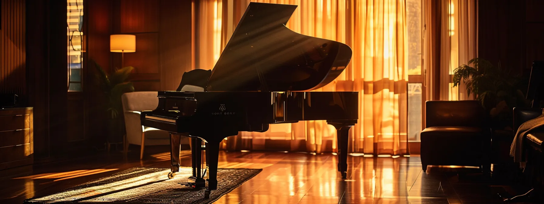 a sleek black grand piano in a chic london jazz studio, bathed in warm light, awaits a passionate pianist to unlock their potential.