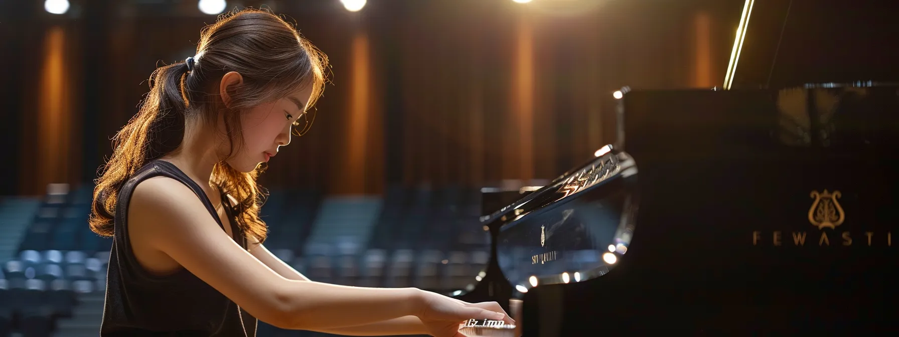 a student sitting at a piano, focused and practising with dedication and determination.