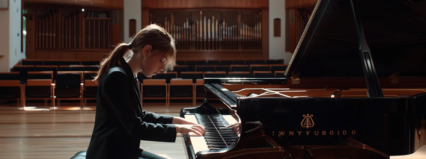 a student confidently performing a complex classical piece on a grand piano in a prestigious london music school.