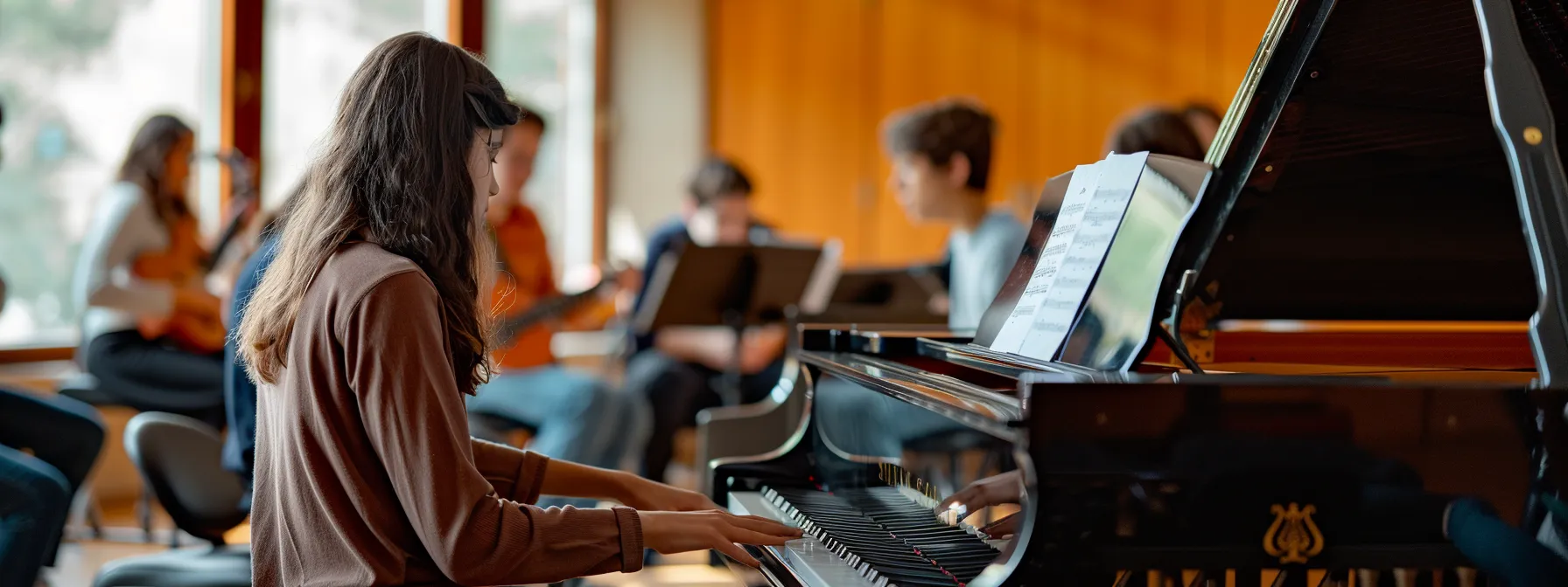 a vibrant piano studio filled with students playing jazz, pop, and blues music, exuding creativity and confidence.