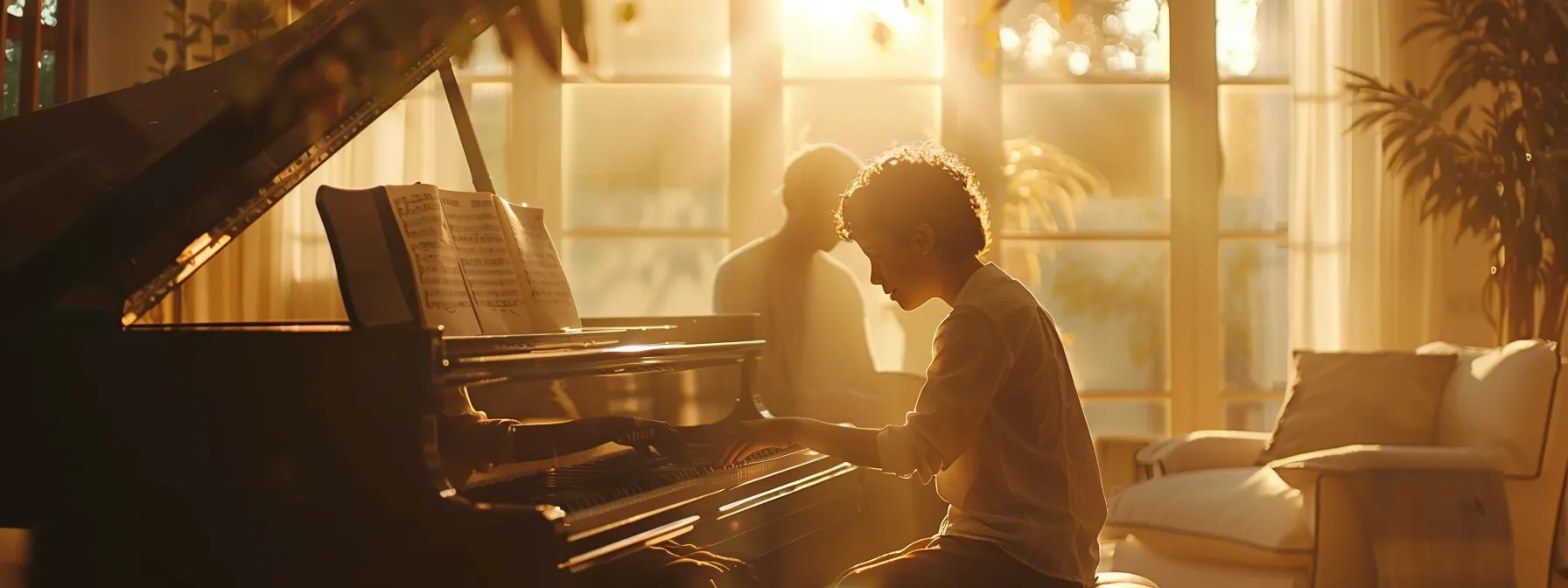 a patient piano teacher delicately guiding a young student through a classical piece in a bright, music-filled studio.