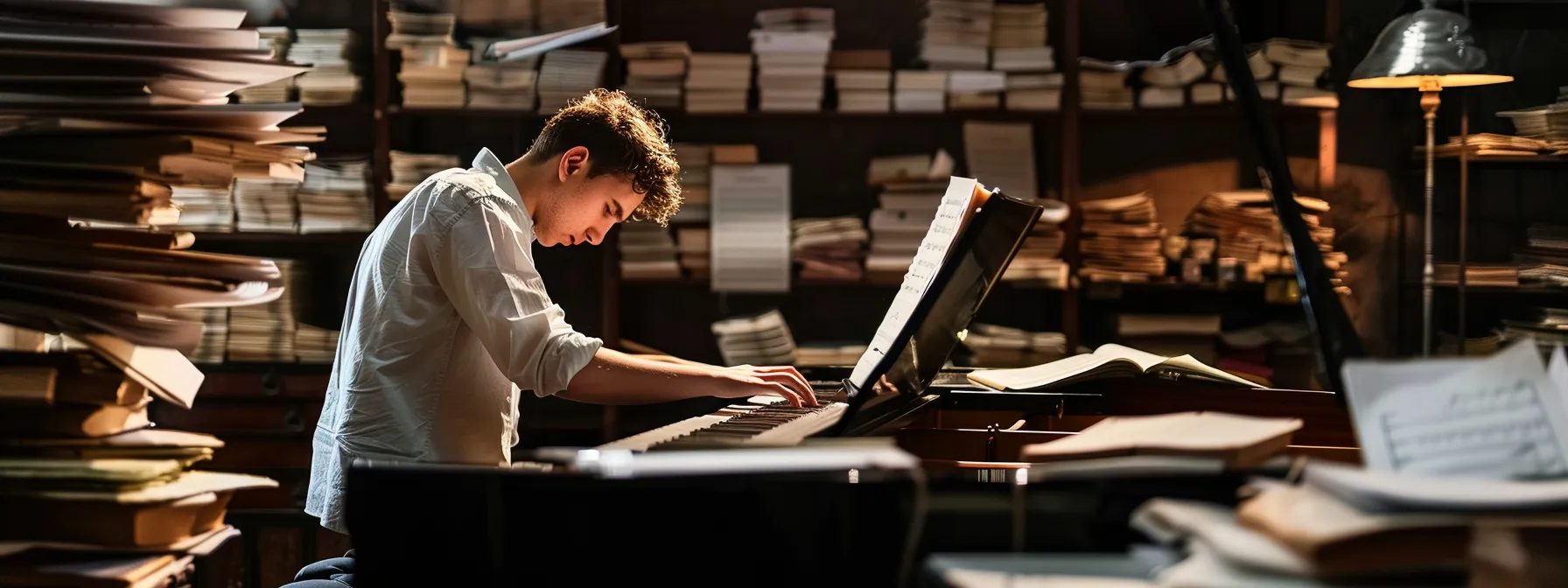 a student sitting at a grand piano, surrounded by stacks of sheet music, practicing diligently under the guidance of a skilled piano tutor.