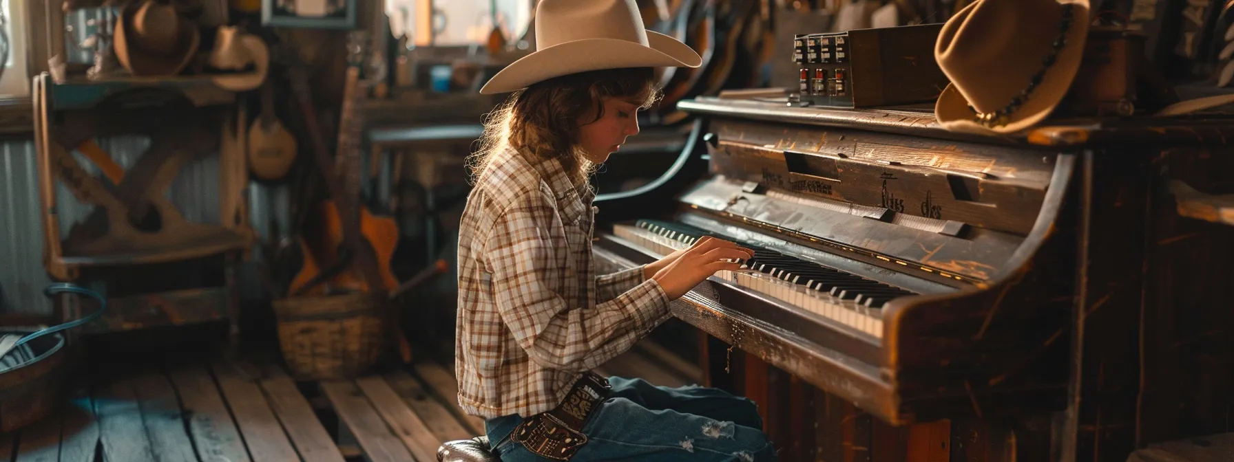 a student at a country piano workshop diligently practising finger strengthening exercises with a focused expression, surrounded by vintage music memorabilia and cowboy hats.