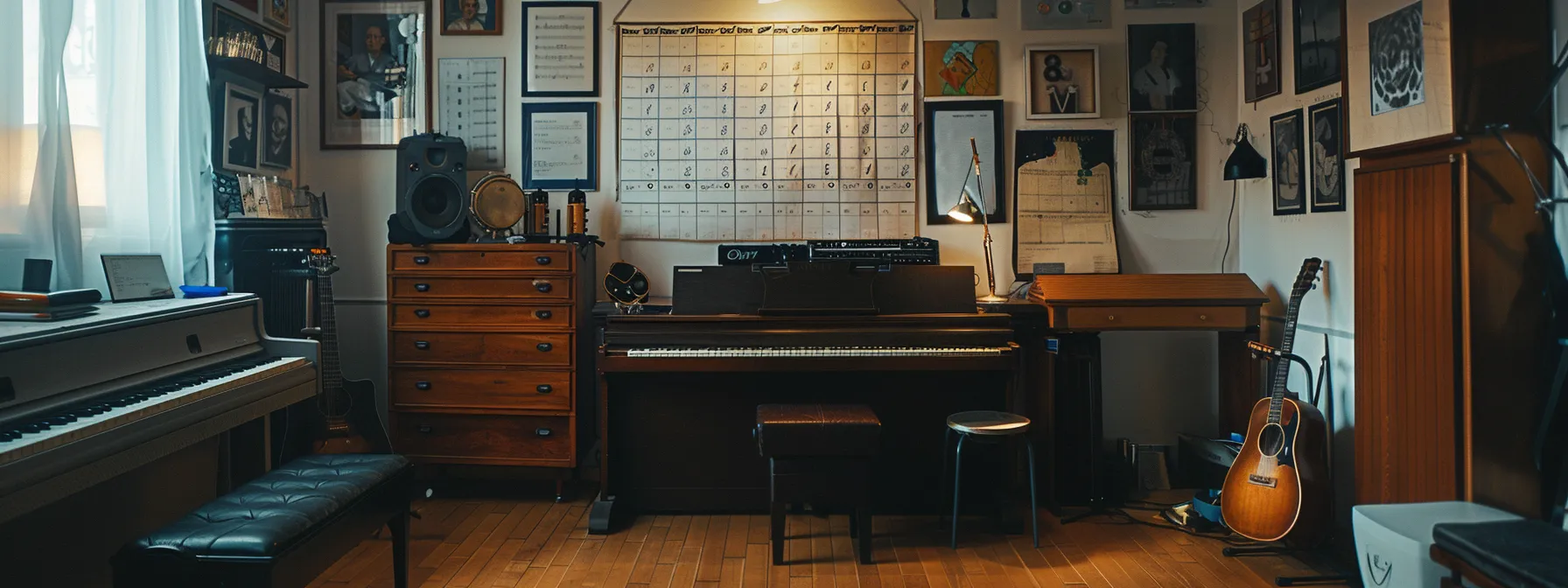 a musician's practice room with a neatly organised schedule pinned to the wall, highlighting dedicated time slots for major scale proficiency, harmony practice, and minor scale development.