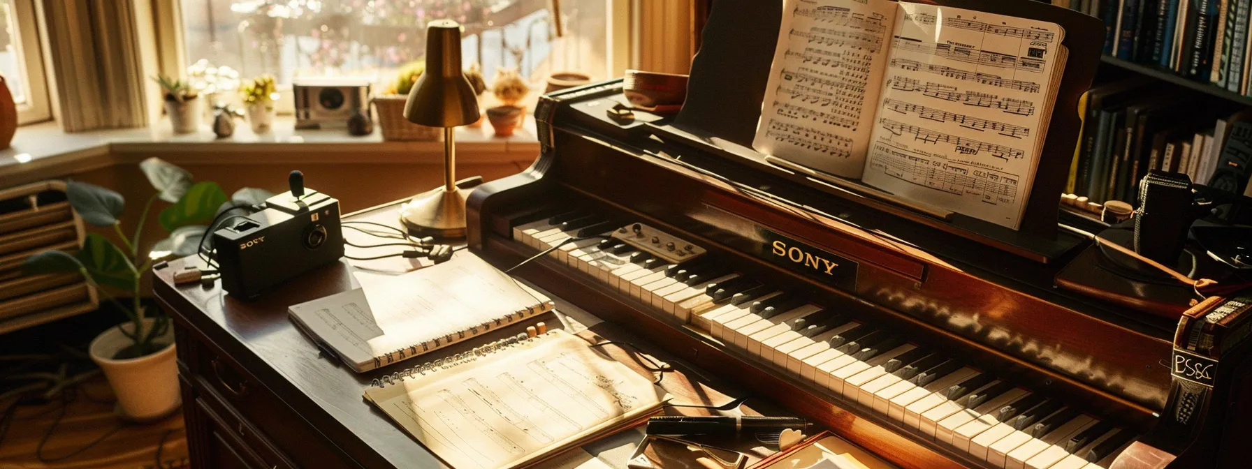 a piano with a practice journal and recording equipment, surrounded by feedback notes from teachers and peers.