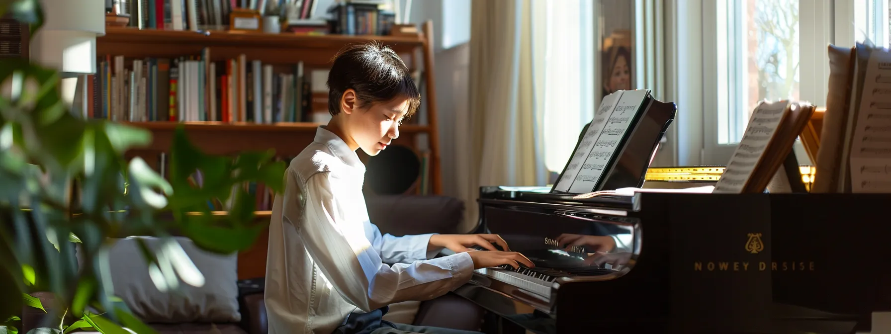 a student sitting at a sleek piano, surrounded by music theory books and a metronome, with a determined look on their face, ready for their first private piano lesson in london.