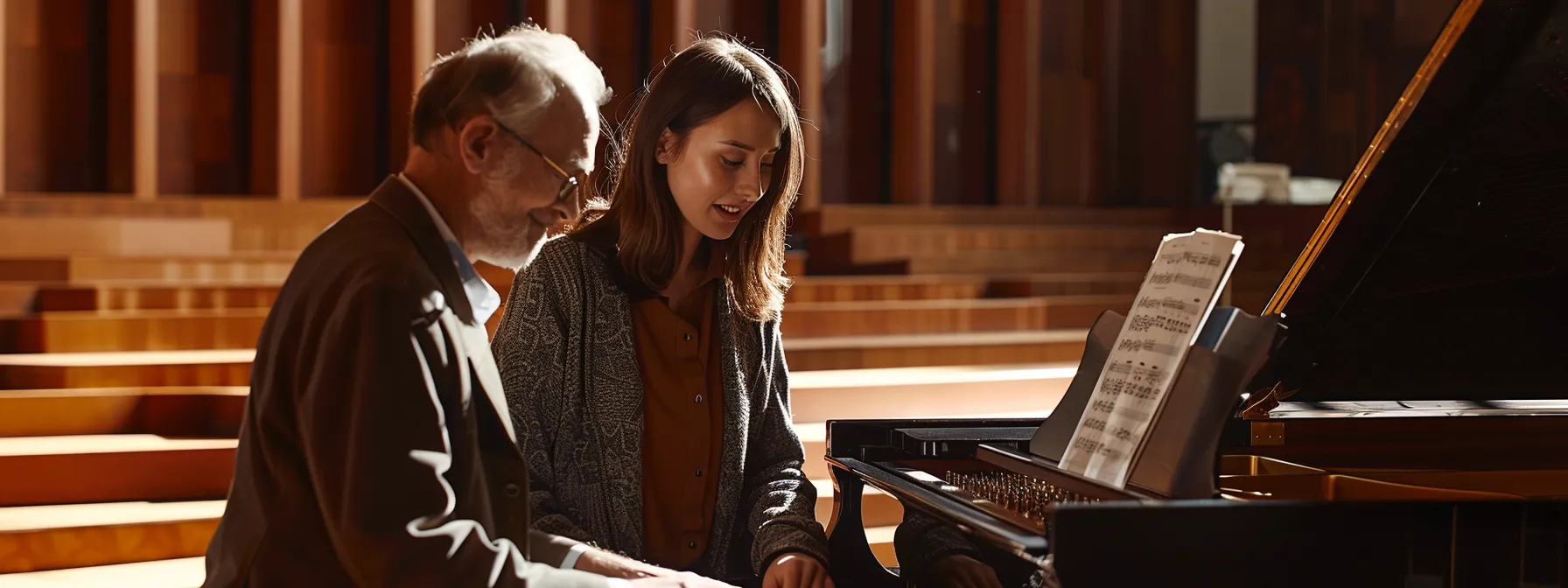 a pianist receiving personalised guidance from a tutor during a lesson.
