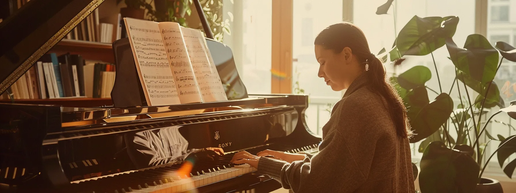 a concentrated pianist receives personalised coaching from a dedicated instructor in a private lesson setting, surrounded by a collection of sheet music and a grand piano in a serene, light-filled studio.