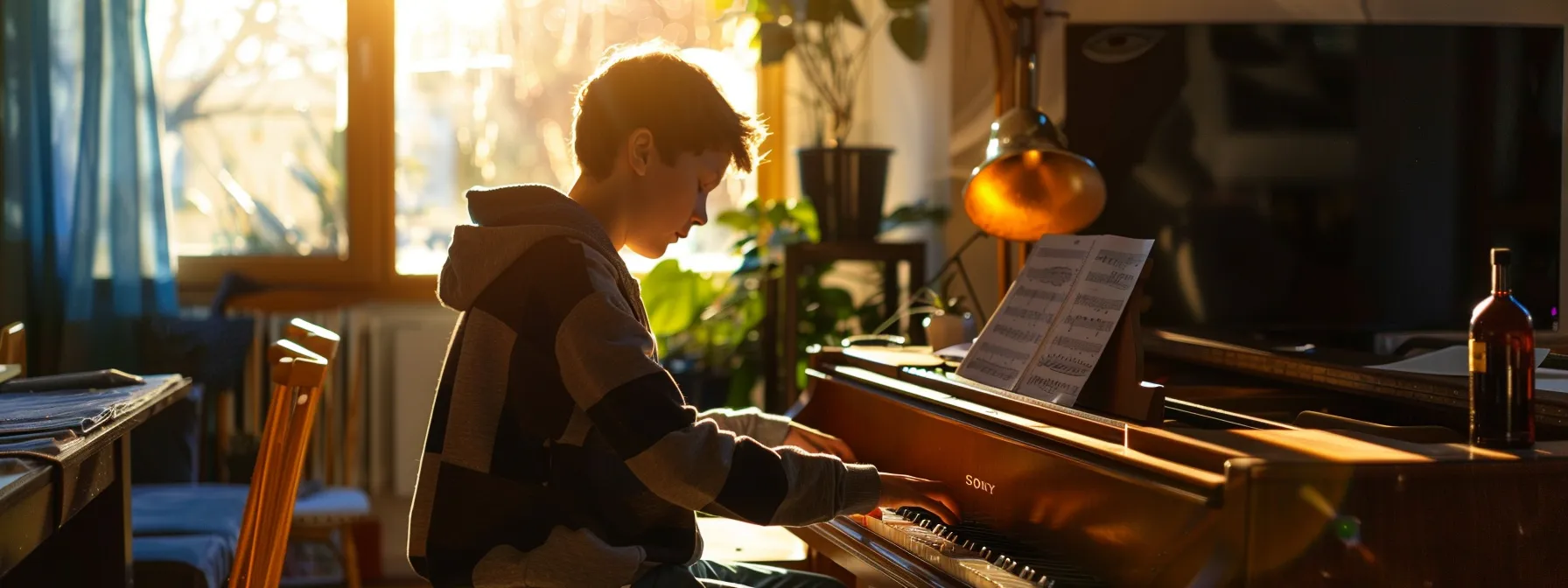 a student receives one-on-one piano lessons in a cozy, well-lit music studio, focused and attentive to the guidance of their experienced teacher.