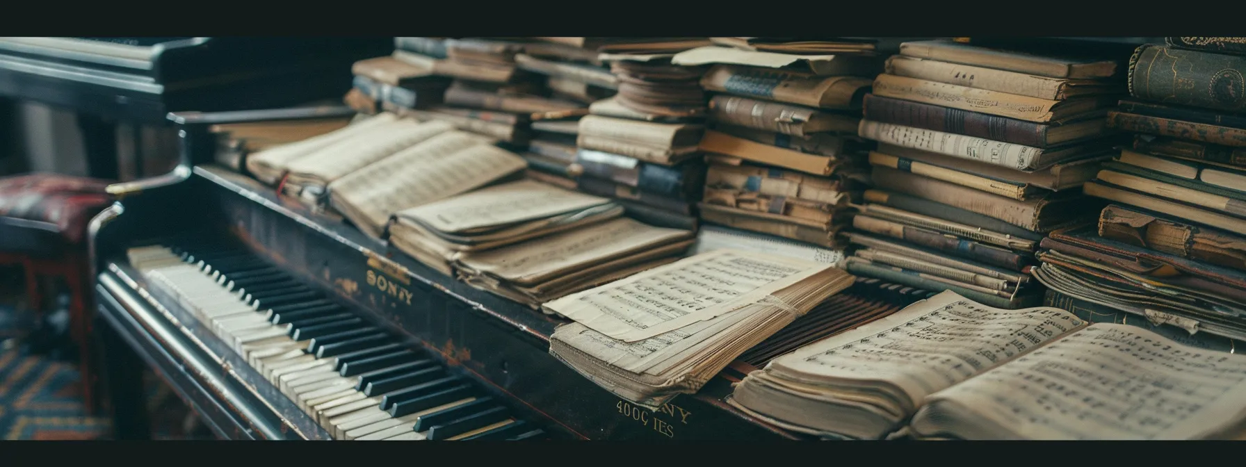a grand piano surrounded by a collection of meticulously arranged classical sheet music, highlighting the importance of reliable resources for pianists.