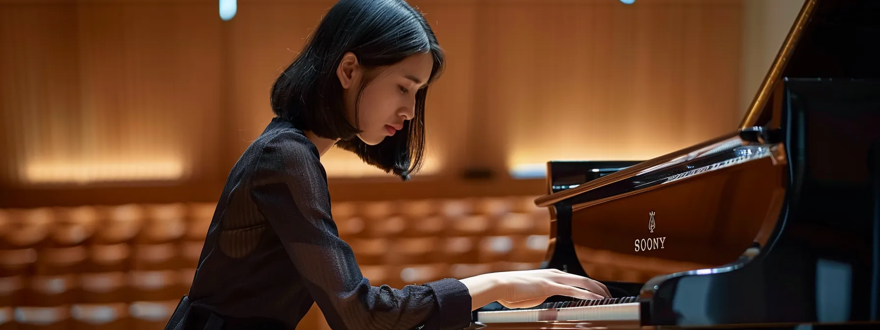 a pianist playing intricate chromatic and pentatonic scales with focused determination.