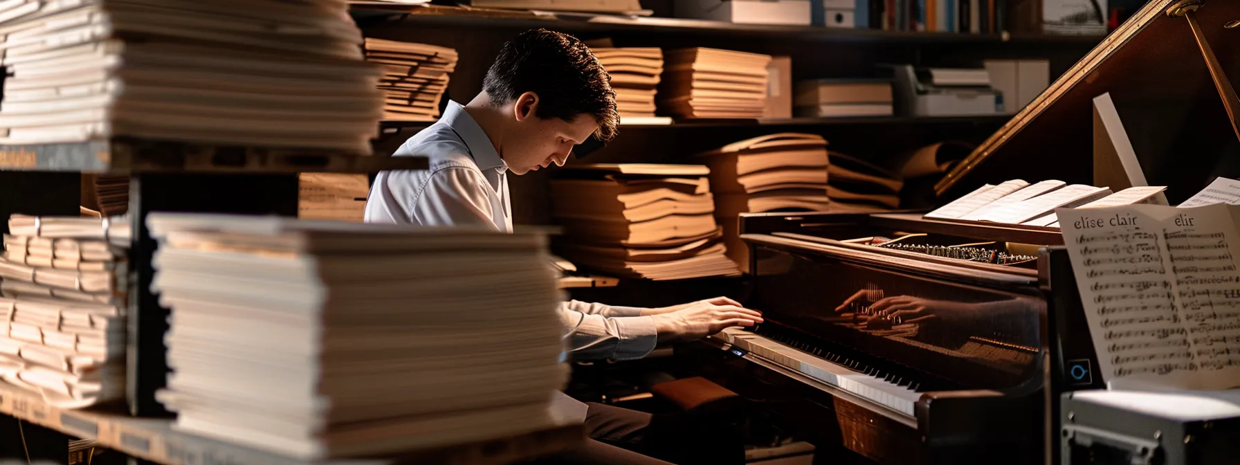 a pianist sits surrounded by stacks of sheet music, selecting from a variety of levels, from easy 