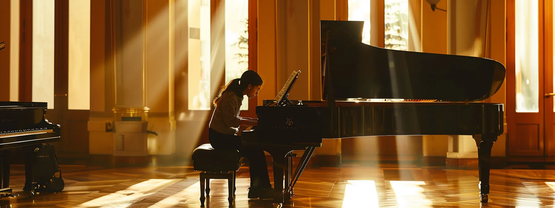 a focused student sits at a grand piano, receiving one-on-one instruction from a skilled teacher in a warm and inviting music studio.