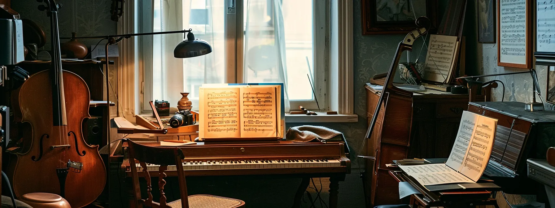 a serene, clutter-free practice room adorned with musical instruments, sheet music, and soft lighting, creating a perfect environment for musical creativity and progress.