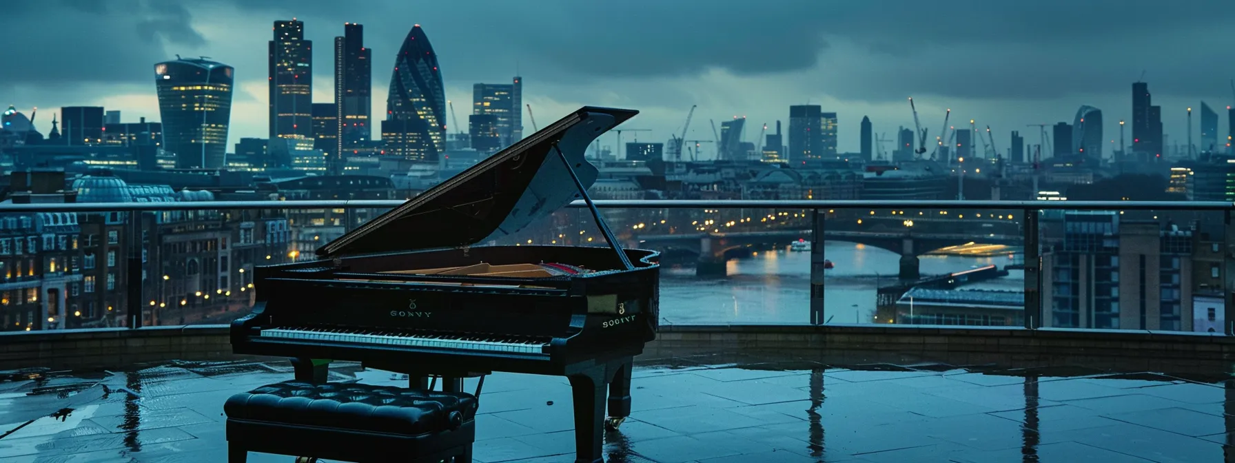 a black grand piano set against the backdrop of london's bustling cityscape, symbolising the diverse and dynamic music scene for private piano lessons in the capital.