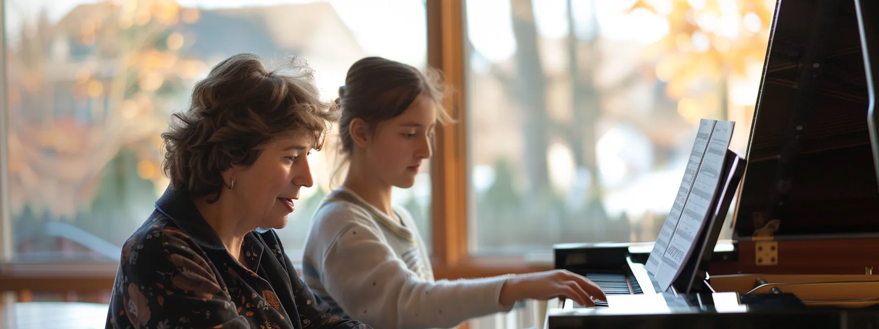 a piano teacher and student engrossed in focused instruction, fostering a deep bond of musical growth.