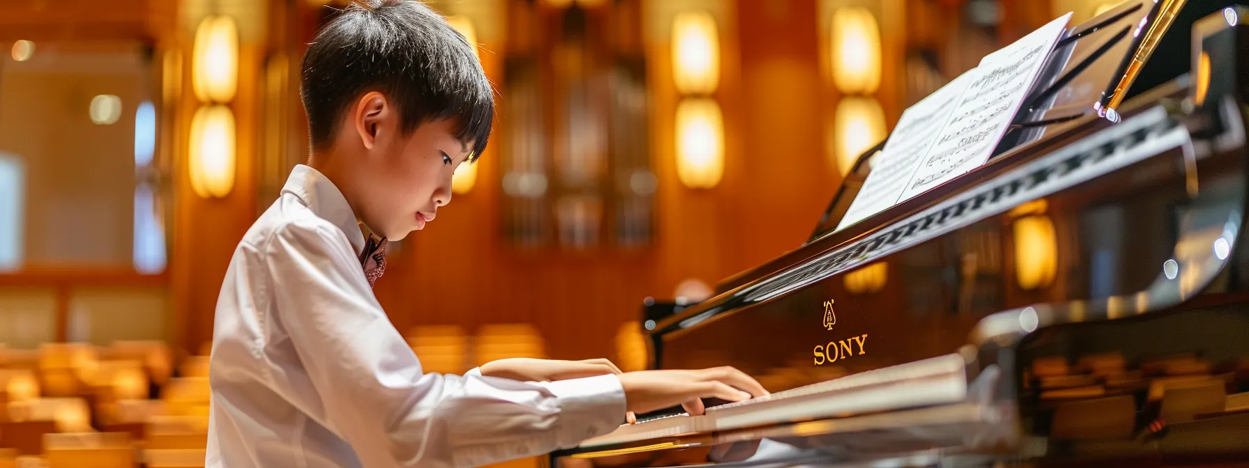 a student confidently playing the c major scale on a grand piano, with focused determination and precision.