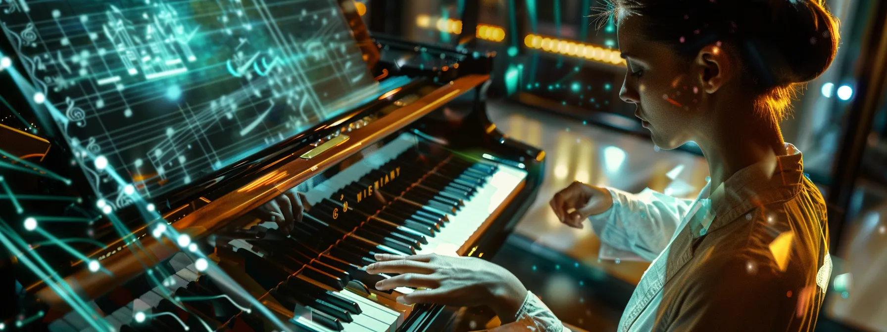 a pianist surrounded by a digital tablet displaying interactive sheet music with customizable tempo and annotation features, enhancing their personalized practice session.