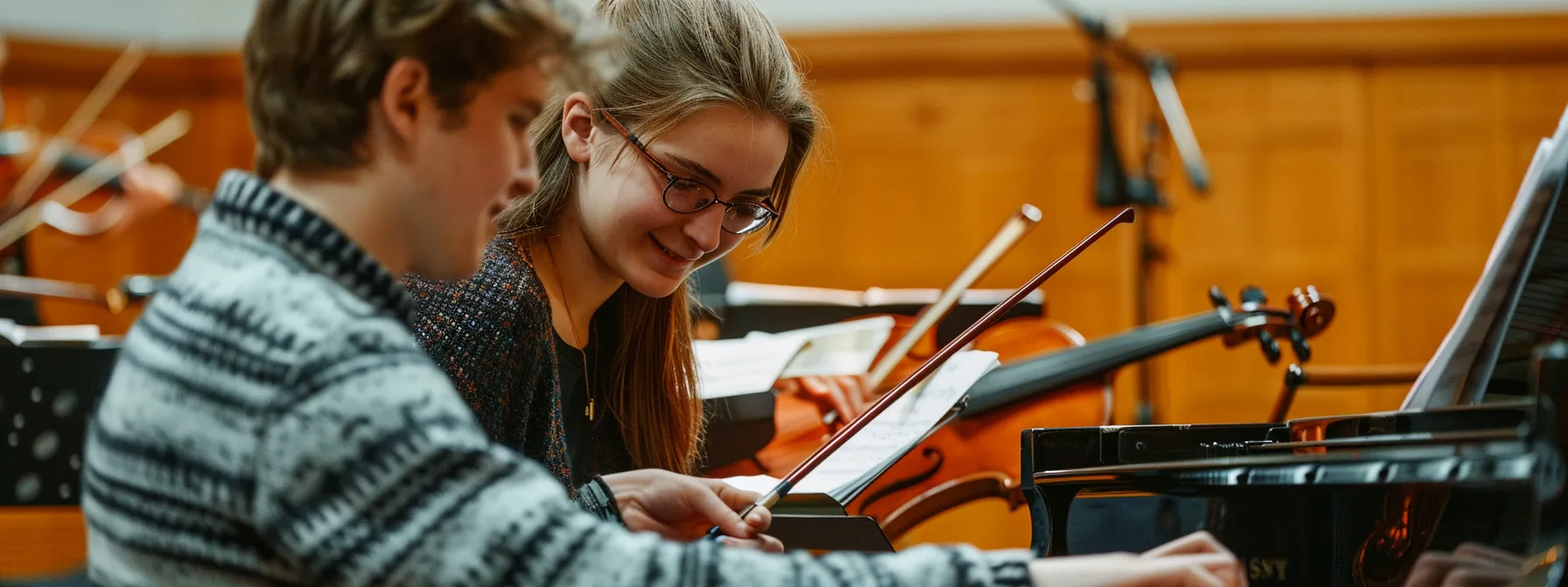 a music student being guided by an experienced tutor in a london music studio, surrounded by classical and contemporary instruments, enhancing their knowledge and skills.
