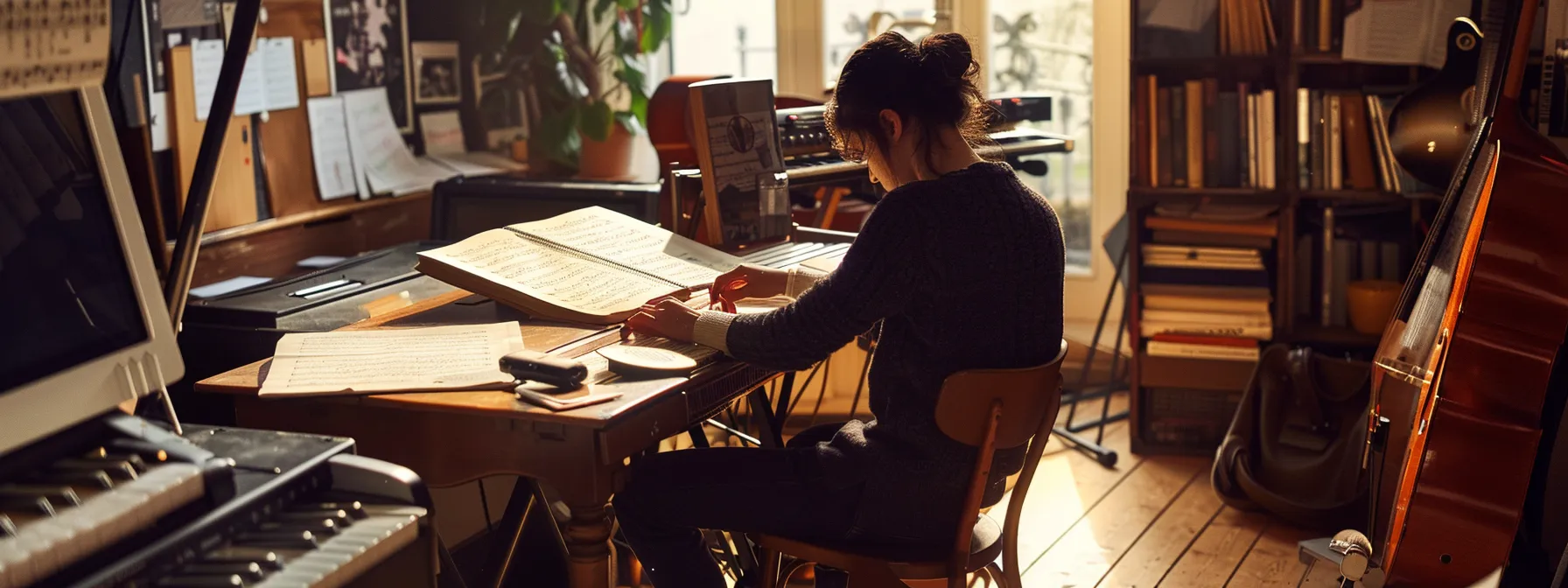 a student in a london music lesson carefully studying the circle of fifths on a sheet music stand, with a musical instrument in hand surrounded by various music theory tools and resources.