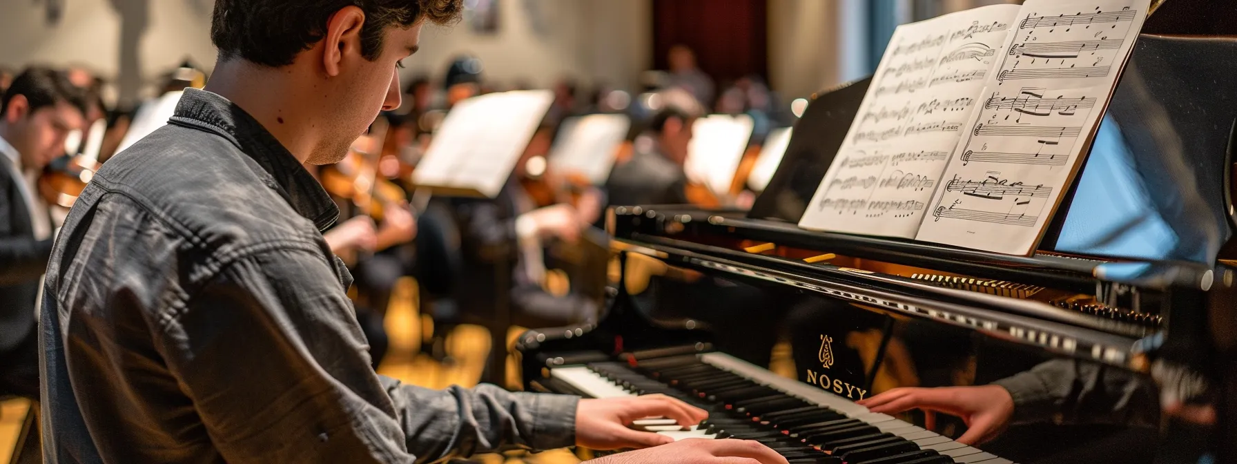 capture a pianist engrossed in personalized music instruction at wkmt in london, surrounded by sheet music and musical instruments in a harmonious setting.