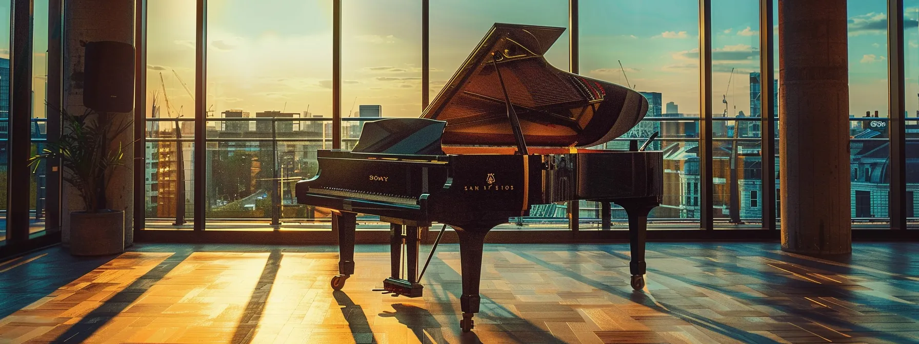 a grand piano sitting in a sunlit room overlooking the bustling streets of london, creating the perfect setting for music lessons.