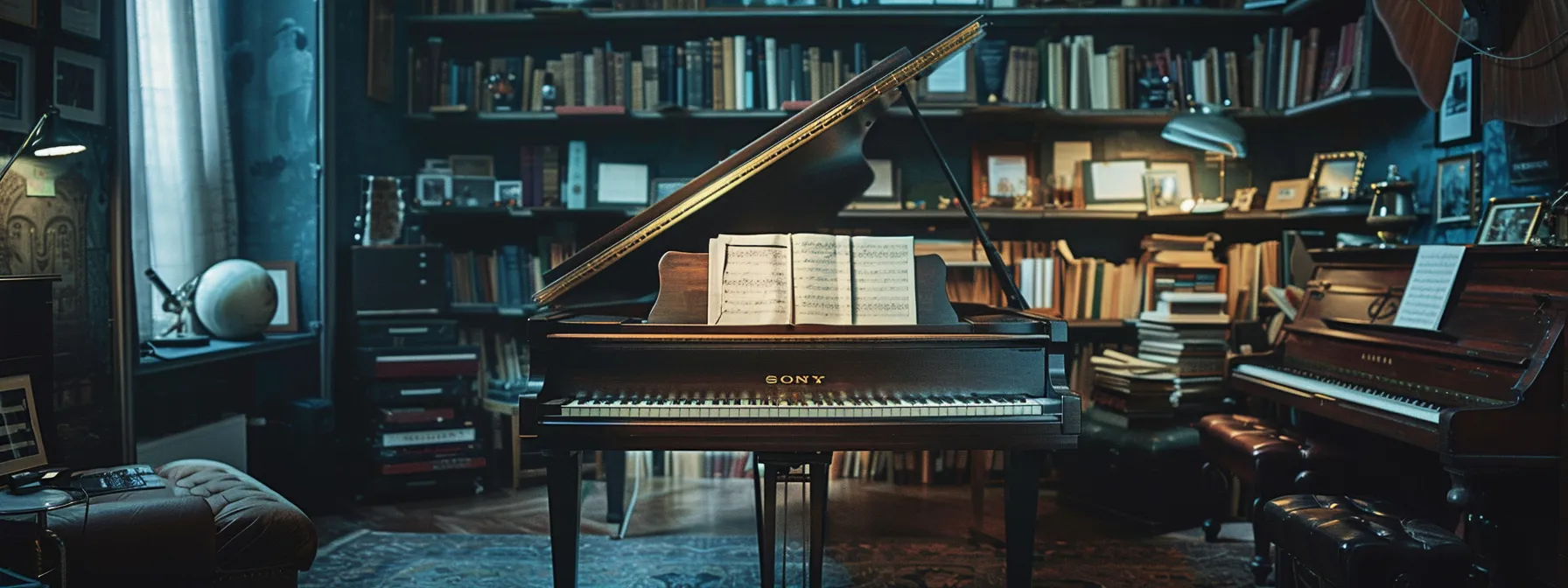 a prestigious blüthner piano gleaming in a london music studio, surrounded by shelves of sheet music and awards.