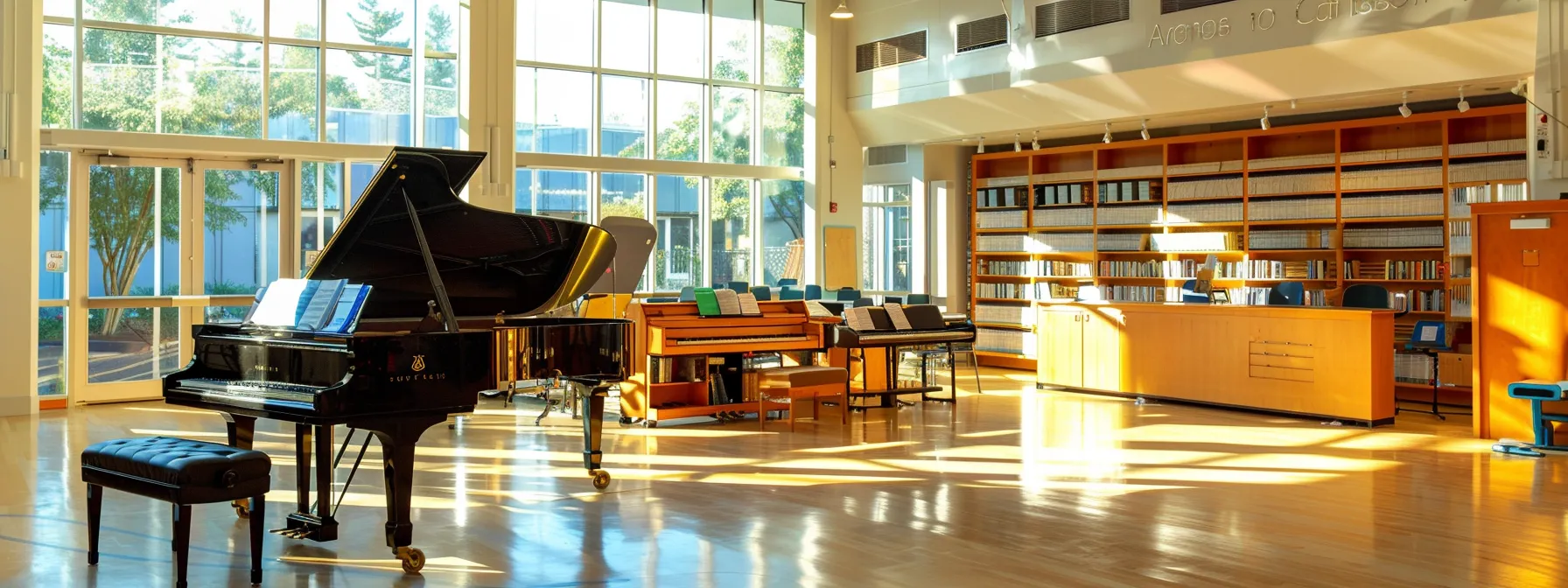 a bright and airy music studio with a grand piano, shelves of sheet music, and a friendly instructor guiding a student through a lesson.