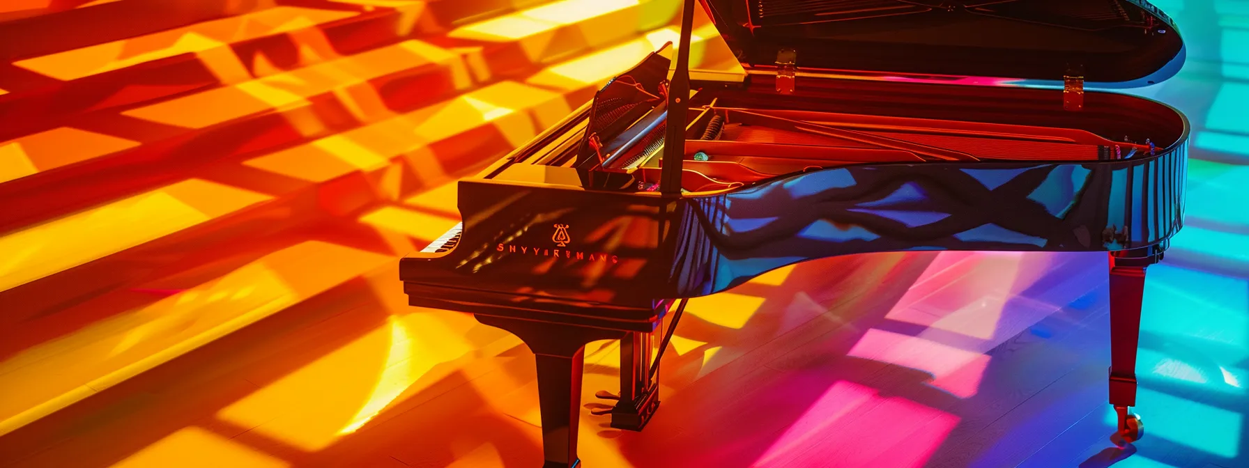 a pianist surrounded by colourful scales, improvising with original flair on the keys.