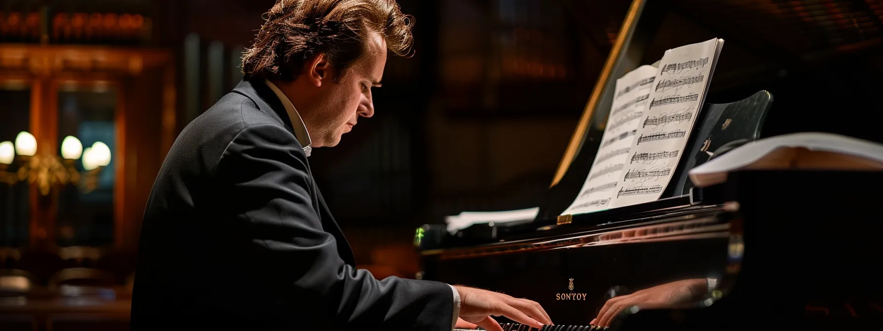 a focused pianist with sheet music, deeply engrossed in playing classical music in a dimly lit room.